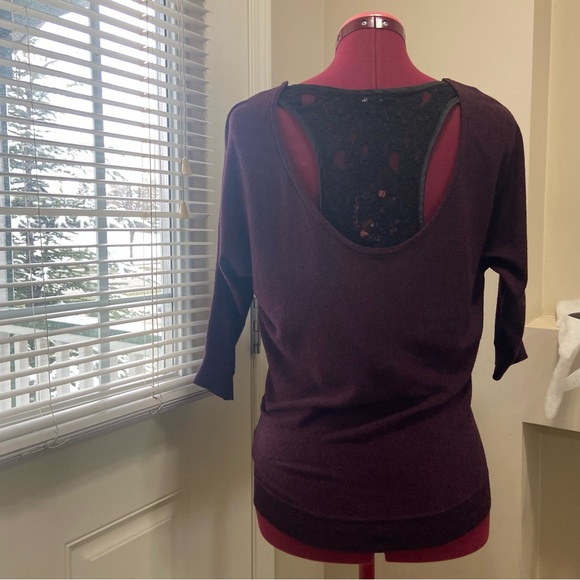 Express women burgundy and black lace back detail 3/4 sleeves top. Size S. Used. - Picture 4 of 8